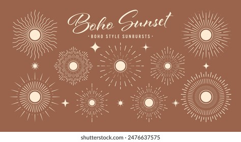 Vintage sunburst, sunset beams collection. Boho style, modern minimalist bohemian design. Hand drawn bursting sun, light rays. Logotype or lettering design element in retro style. Vector illustration