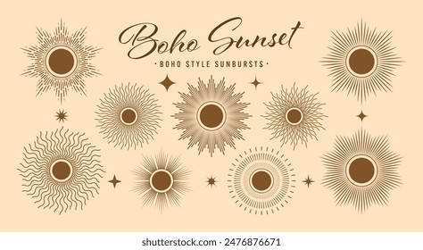 Klassischer Sonnenausbruch, Sonnenuntergang strahlt Kollektion. Boho-Stil, modernes minimalistisches böhmisches Design. Von Hand gezeichnete, platzende Sonne, Lichtstrahlen. Logotyp oder Schriftzug-Designelement im Retro-Stil. Vektorillustration