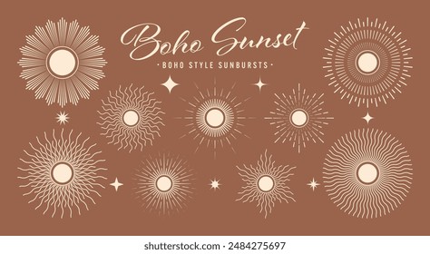 Vintage sunburst, sunset beams collection. Boho style, modern minimalist bohemian design. Hand drawn bursting sun, light rays. Logotype or lettering design element in retro style. Vector illustration