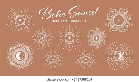 Vintage sunburst, sunset beams collection. Boho style, modern minimalist bohemian design. Hand drawn bursting sun, light rays. Logotype or lettering design element in retro style. Vector illustration