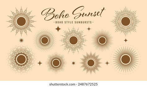 Vintage sunburst, sunset beams collection. Boho style, modern minimalist bohemian design. Hand drawn bursting sun, light rays. Logotype or lettering design element in retro style. Vector illustration