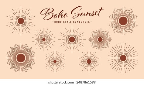 Vintage sunburst, sunset beams collection. Boho style, modern minimalist bohemian design. Hand drawn bursting sun, light rays. Logotype or lettering design element in retro style. Vector illustration.