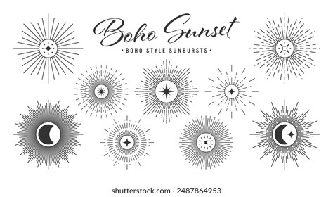 Klassischer Sonnenausbruch, Sonnenuntergang strahlt Kollektion. Boho-Stil, modernes minimalistisches böhmisches Design. Von Hand gezeichnete, platzende Sonne, Lichtstrahlen. Logotyp oder Schriftzug-Designelement im Retro-Stil. Vektorillustration.