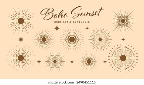Vintage sunburst, sunset beams collection. Boho style, modern minimalist bohemian design. Hand drawn bursting sun, light rays. Logotype or lettering design element in retro style. Vector illustration