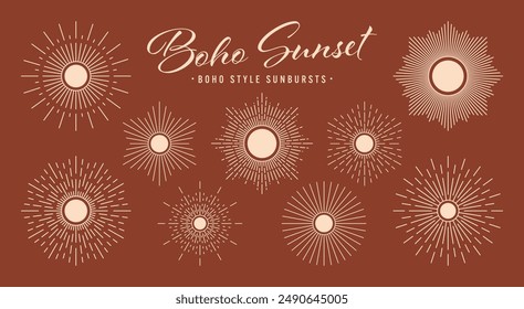 Vintage sunburst, sunset beams collection. Boho style, modern minimalist bohemian design. Hand drawn bursting sun, light rays. Logotype or lettering design element in retro style. Vector illustration