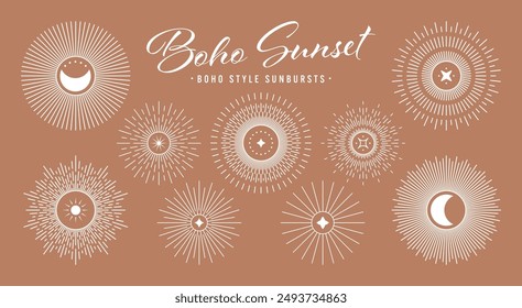 Vintage sunburst, sunset beams collection. Boho style, modern minimalist bohemian design. Hand drawn bursting sun, light rays. Logotype or lettering design element in retro style. Vector illustration