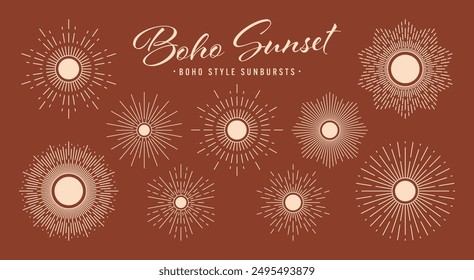 Vintage sunburst, sunset beams collection. Boho style, modern minimalist bohemian design. Hand drawn bursting sun, light rays. Logotype or lettering design element in retro style. Vector illustration.