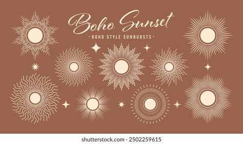 Vintage sunburst, sunset beams collection. Boho style, modern minimalist bohemian design. Hand drawn bursting sun, light rays. Logotype or lettering design element in retro style. Vector illustration