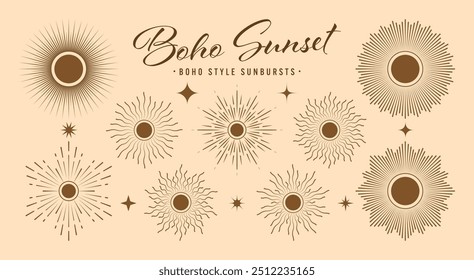 Coleção de raios de sol antigos. Boho estilo, design boêmio minimalista moderno. Sol estourando desenhado à mão, raios de luz. Elemento de design de logotipos ou letras em estilo retrô. Ilustração vetorial