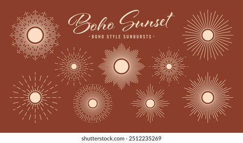 Vintage sunburst, sunset beams collection. Boho style, modern minimalist bohemian design. Hand drawn bursting sun, light rays. Logotype or lettering design element in retro style. Vector illustration