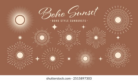 Vintage sunburst, sunset beams collection. Boho style, modern minimalist bohemian design. Hand drawn bursting sun, light rays. Logotype or lettering design element in retro style. Vector illustration