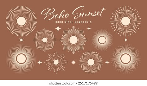 Vintage sunburst, sunset beams collection. Boho style, modern minimalist bohemian design. Hand drawn bursting sun, light rays. Logotype or lettering design element in retro style. Vector illustration