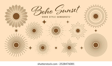 Vintage sunburst, sunset beams collection. Boho style, modern minimalist bohemian design. Hand drawn bursting sun, light rays. Logotype or lettering design element in retro style. Vector illustration