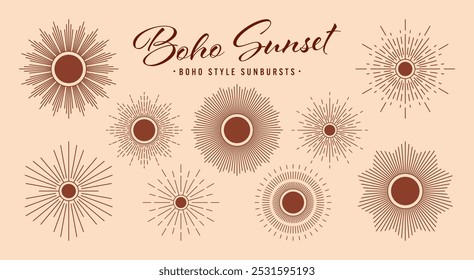 Vintage sunburst, sunset beams collection. Boho style, modern minimalist bohemian design. Hand drawn bursting sun, light rays. Logotype or lettering design element in retro style. Vector illustration