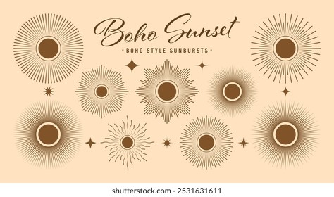 Vintage sunburst, sunset beams collection. Boho style, modern minimalist bohemian design. Hand drawn bursting sun, light rays. Logotype or lettering design element in retro style. Vector illustration