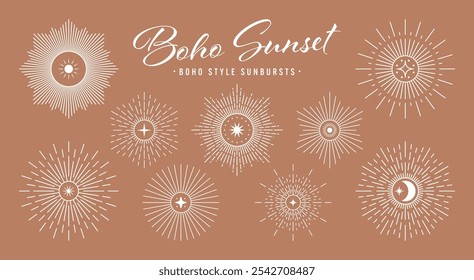 Vintage sunburst, sunset beams collection. Boho style, modern minimalist bohemian design. Hand drawn bursting sun, light rays. Logotype or lettering design element in retro style. Vector illustration