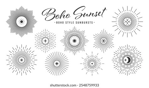 Vintage sunburst, sunset beams collection. Boho style, modern minimalist bohemian design. Hand drawn bursting sun, light rays. Logotype or lettering design element in retro style. Vector illustration