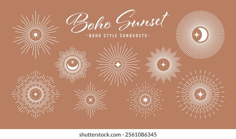 Vintage sunburst, sunset beams collection. Boho style, modern minimalist bohemian design. Hand drawn bursting sun, light rays. Logotype or lettering design element in retro style. Vector illustration