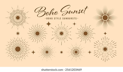Vintage sunburst, sunset beams collection. Boho style, modern minimalist bohemian design. Hand drawn bursting sun, light rays. Logotype or lettering design element in retro style. Vector illustration