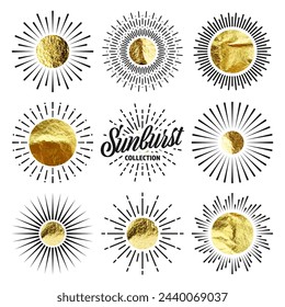 Vintage sunburst, sunset beams. Gold foil, shiny handmade circles. Golden glittering texture, pattern. Hand drawn bursting sun, light rays. Logotype or lettering, retro style. Vector illustration
