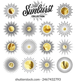 Vintage sunburst, sunset beams. Gold foil, shiny handmade circles. Golden glittering texture, pattern. Hand drawn bursting sun, light rays. Logotype or lettering, retro style. Vector illustration