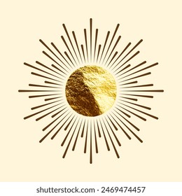 Vintage sunburst, sunset beams. Gold foil, shiny handmade circles. Golden glittering texture, pattern. Hand drawn bursting sun, light rays. Logotype or lettering, retro style. Vector illustration