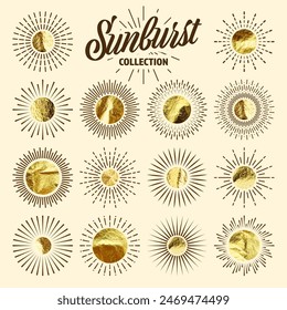 Vintage sunburst, sunset beams. Gold foil, shiny handmade circles. Golden glittering texture, pattern. Hand drawn bursting sun, light rays. Logotype or lettering, retro style. Vector illustration