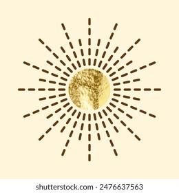 Vintage sunburst, sunset beams. Gold foil, shiny handmade circles. Golden glittering texture, pattern. Hand drawn bursting sun, light rays. Logotype or lettering, retro style. Vector illustration
