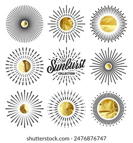 Vintage sunburst, sunset beams. Gold foil, shiny handmade circles. Golden glittering texture, pattern. Hand drawn bursting sun, light rays. Logotype or lettering, retro style. Vector illustration