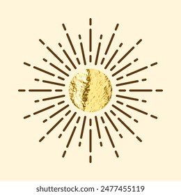 Vintage sunburst, sunset beams. Gold foil, shiny handmade circles. Golden glittering texture, pattern. Hand drawn bursting sun, light rays. Logotype or lettering, retro style. Vector illustration