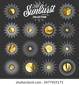 Vintage sunburst, sunset beams. Gold foil, shiny handmade circles. Golden glittering texture, pattern. Hand drawn bursting sun, light rays. Logotype or lettering, retro style. Vector illustration