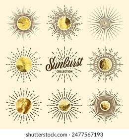 Vintage sunburst, sunset beams. Gold foil, shiny handmade circles. Golden glittering texture, pattern. Hand drawn bursting sun, light rays. Logotype or lettering, retro style. Vector illustration