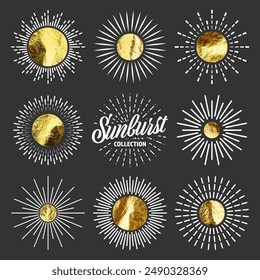 Vintage sunburst, sunset beams. Gold foil, shiny handmade circles. Golden glittering texture, pattern. Hand drawn bursting sun, light rays. Logotype or lettering, retro style. Vector illustration
