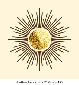 Vintage sunburst, sunset beams. Gold foil, shiny handmade circles. Golden glittering texture, pattern. Hand drawn bursting sun, light rays. Logotype or lettering, retro style. Vector illustration