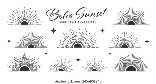 Salida del sol Antiguas, rayos de sol, media vuelta del sol. Estilo boho, diseño bohemio minimalista moderno. Dibujado a mano de sol reventador, rayos de luz. Elemento de diseño de letras en estilo retro. Ilustración vectorial