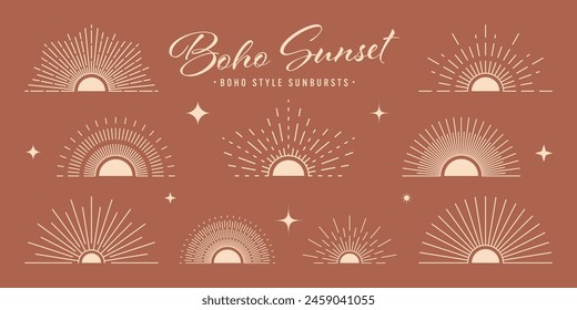 Vintage sunburst, sunset beams, half circle sunrise. Boho style, modern minimalist bohemian design. Hand drawn bursting sun, light rays. Lettering design element in retro style. Vector illustration