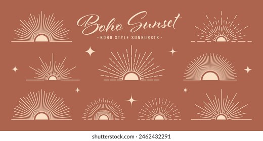 Vintage sunburst, sunset beams, half circle sunrise. Boho style, modern minimalist bohemian design. Hand drawn bursting sun, light rays. Lettering design element in retro style. Vector illustration