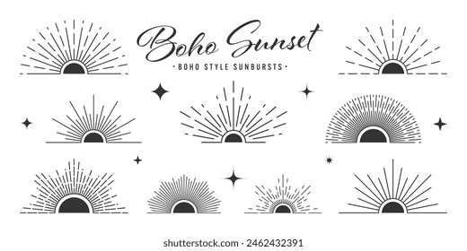 Vintage sunburst, sunset beams, half circle sunrise. Boho style, modern minimalist bohemian design. Hand drawn bursting sun, light rays. Lettering design element in retro style. Vector illustration