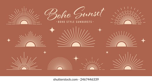 Vintage sunburst, sunset beams, half circle sunrise. Boho style, modern minimalist bohemian design. Hand drawn bursting sun, light rays. Lettering design element in retro style. Vector illustration