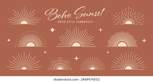 Vintage sunburst, sunset beams, half circle sunrise. Boho style, modern minimalist bohemian design. Hand drawn bursting sun, light rays. Lettering design element in retro style. Vector illustration