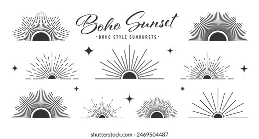 Vintage sunburst, sunset beams, half circle sunrise. Boho style, modern minimalist bohemian design. Hand drawn bursting sun, light rays. Lettering design element in retro style. Vector illustration