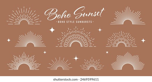 Vintage sunburst, sunset beams, half circle sunrise. Boho style, modern minimalist bohemian design. Hand drawn bursting sun, light rays. Lettering design element in retro style. Vector illustration