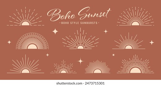 Vintage sunburst, sunset beams, half circle sunrise. Boho style, modern minimalist bohemian design. Hand drawn bursting sun, light rays. Lettering design element in retro style. Vector illustration