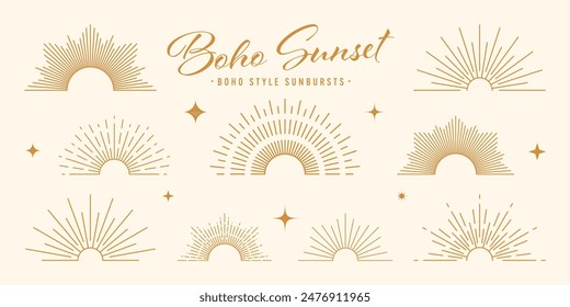 Vintage sunburst, sunset beams, half circle sunrise. Boho style, modern minimalist bohemian design. Hand drawn bursting sun, light rays. Lettering design element in retro style. Vector illustration
