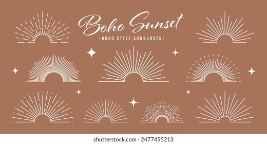 Salida del sol Antiguas, rayos de sol, media vuelta del sol. Estilo boho, diseño bohemio minimalista moderno. Dibujado a mano de sol reventador, rayos de luz. Elemento de diseño de letras en estilo retro. Ilustración vectorial