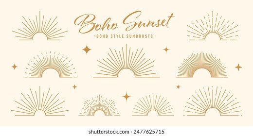 Vintage sunburst, sunset beams, half circle sunrise. Boho style, modern minimalist bohemian design. Hand drawn bursting sun, light rays. Lettering design element in retro style. Vector illustration