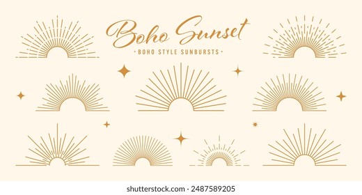 Vintage sunburst, sunset beams, half circle sunrise. Boho style, modern minimalist bohemian design. Hand drawn bursting sun, light rays. Lettering design element in retro style. Vector illustration