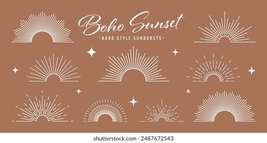 Vintage sunburst, sunset beams, half circle sunrise. Boho style, modern minimalist bohemian design. Hand drawn bursting sun, light rays. Lettering design element in retro style. Vector illustration