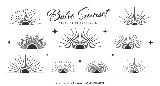 Vintage sunburst, sunset beams, half circle sunrise. Boho style, modern minimalist bohemian design. Hand drawn bursting sun, light rays. Lettering design element in retro style. Vector illustration
