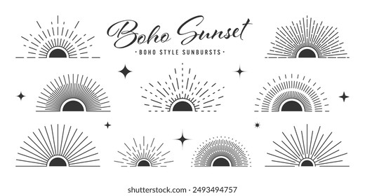 Vintage sunburst, sunset beams, half circle sunrise. Boho style, modern minimalist bohemian design. Hand drawn bursting sun, light rays. Lettering design element in retro style. Vector illustration